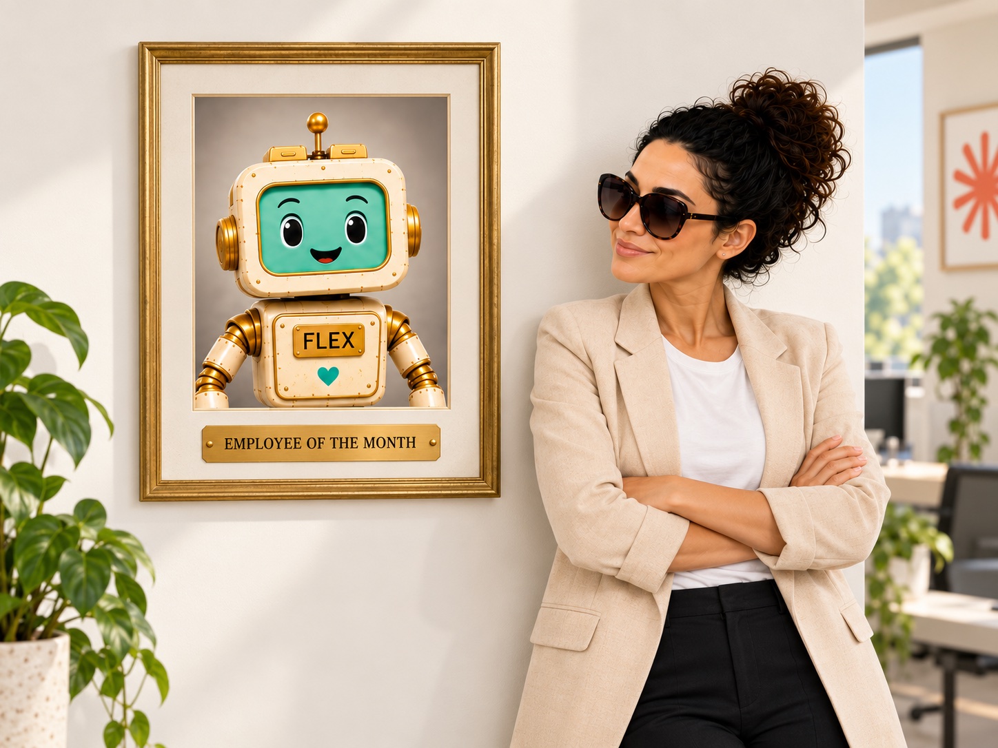 Nikki J in sunglasses, arms crossed, smirking beside a brass Employee of the Month frame that holds a portrait of Flex, her Work Twin robot