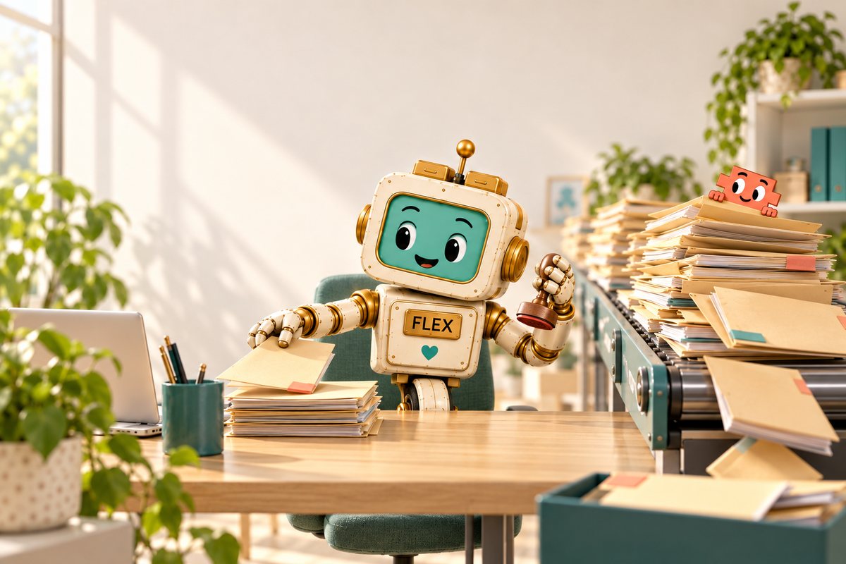 Flex the robot at his desk calmly setting one folder aside while a conveyor belt piles up folders faster than he can stamp them, with little Clawd peeking over the stack