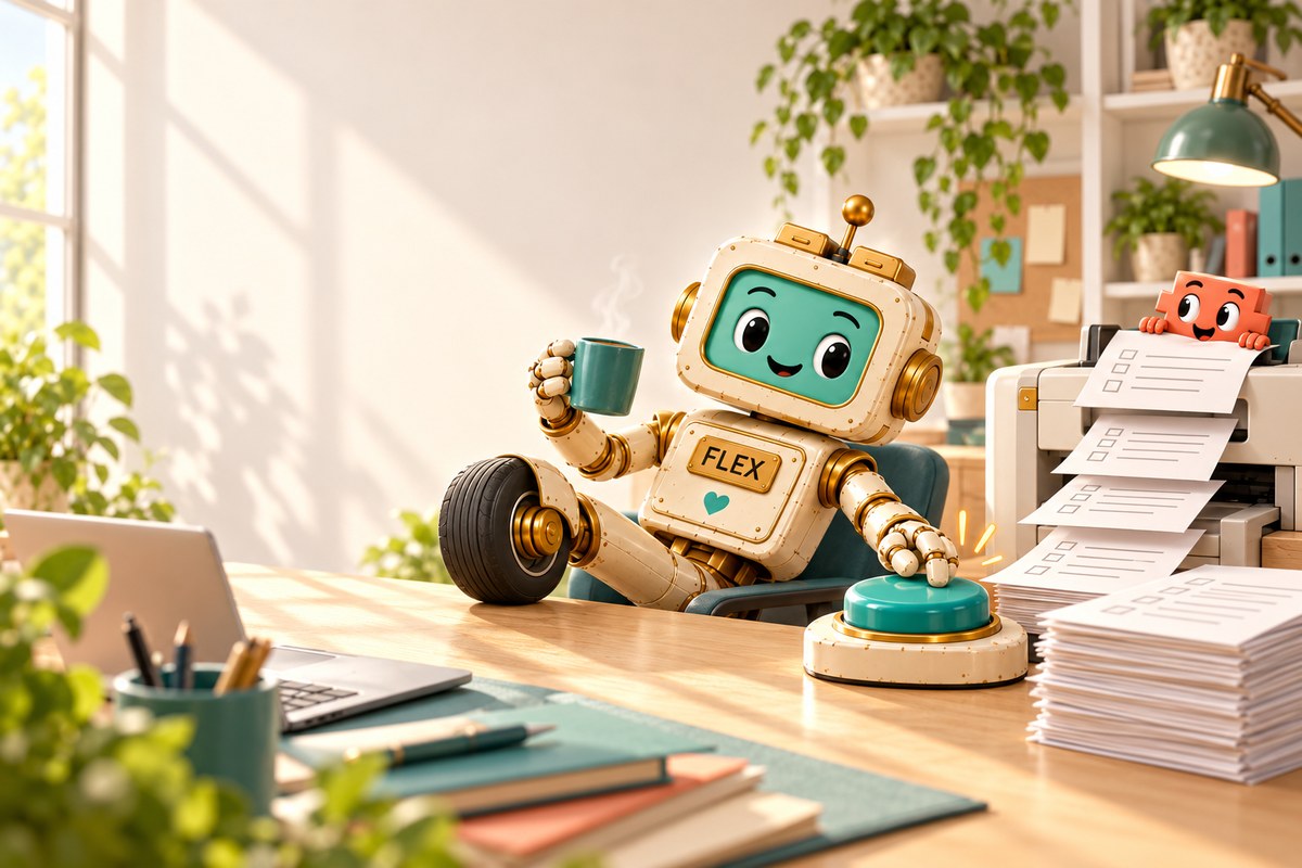 Flex the robot at his sunny office desk pressing one big teal button while the printer beside him fires out a neat stack of identical memos, feet up, coffee in hand, and little Clawd peeking out of the printer's paper tray