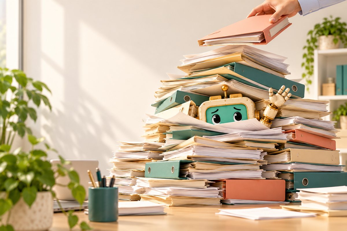 Flex the robot buried under a tower of paperwork while a hand drops one more folder on top