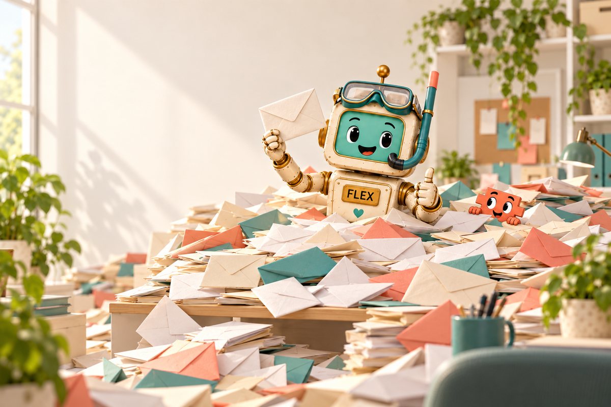 Flex the robot in a snorkel and mask, chest-deep in a flood of envelopes, holding one up with a thumbs up, with little Clawd peeking out of the pile