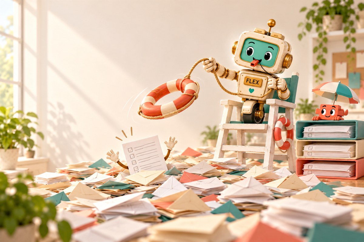 Flex the robot as a lifeguard in a tall chair beside a desk piled with paper, whistle in his mouth, tossing a life ring to one form bobbing in the pile, with three neat trays next to him and little Clawd under a tiny beach umbrella