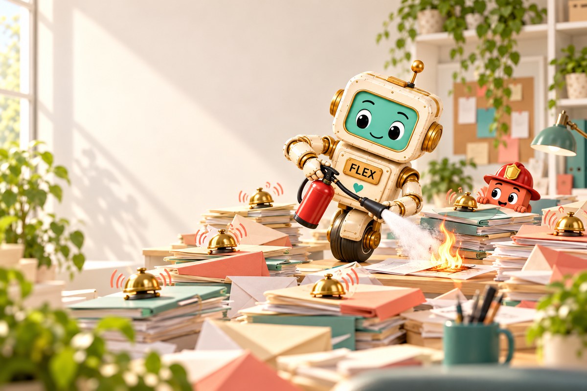 Flex the robot at his desk with alarm bells ringing on every folder, calmly aiming a small fire extinguisher at the one paper with a tiny real flame, with little Clawd peeking out in a firefighter hat