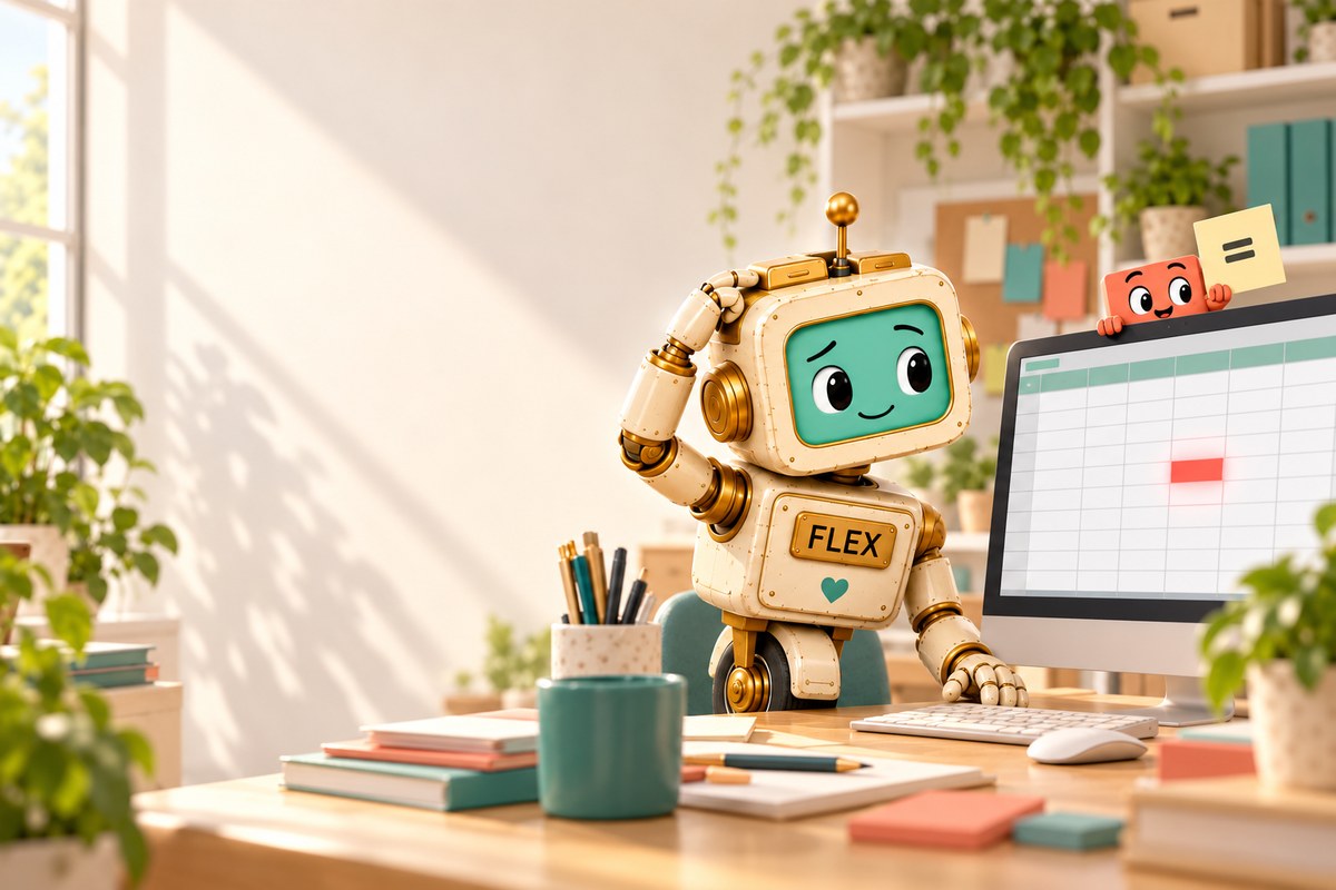 Flex the robot at his sunny office desk scratching his head at a big spreadsheet on his screen where one cell flashes a red error, while little Clawd peeks out from behind the monitor holding up a sticky note with an equals sign on it