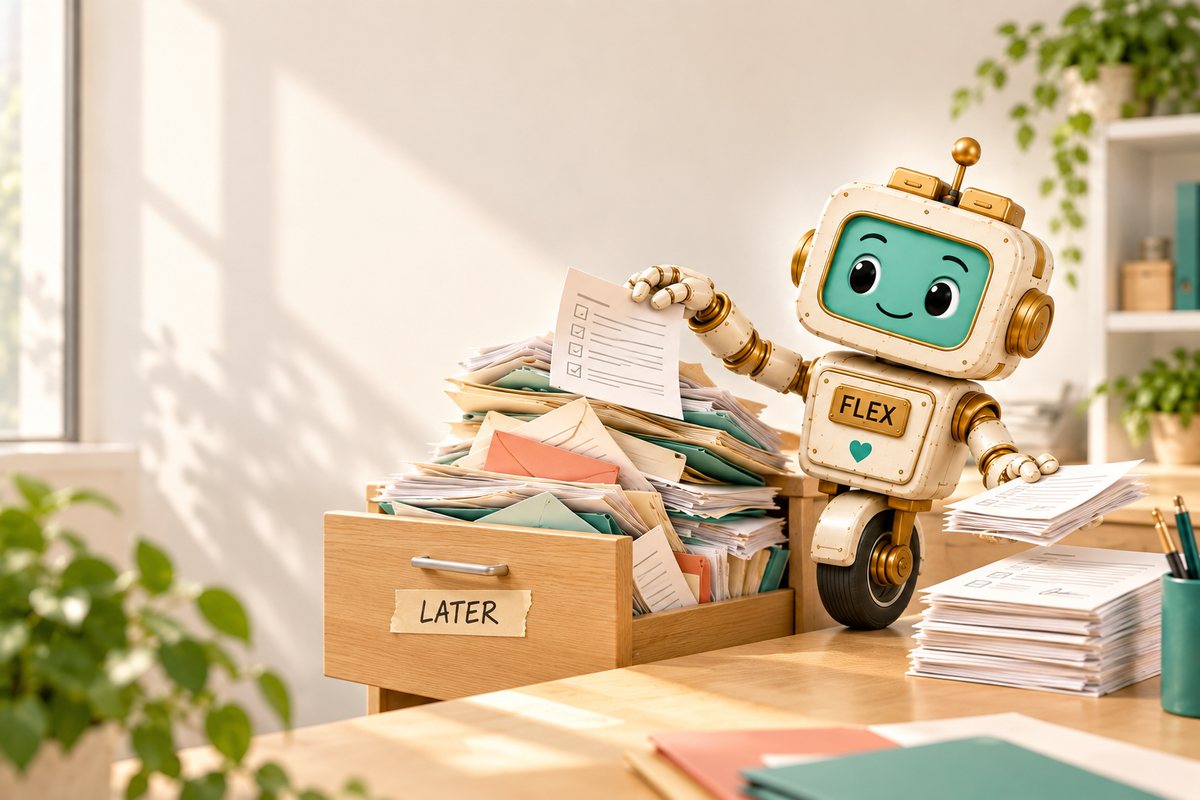 Flex the robot pulling papers out of an overflowing desk drawer labeled LATER and stacking finished forms beside it