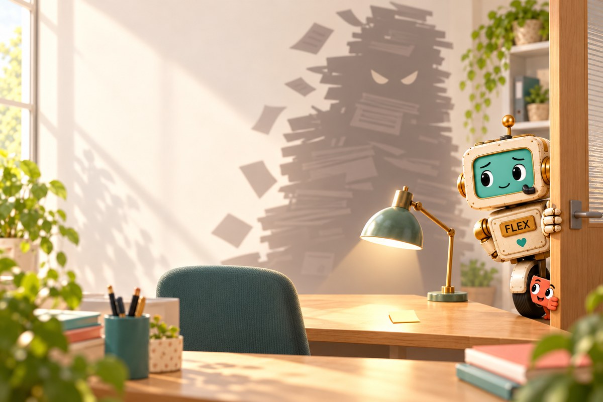 Flex the robot peeking around the office door in the morning light, his shadow on the wall shaped like a huge scary pile, while the only thing on his desk is one small sticky note under a lamp, with little Clawd holding the door open