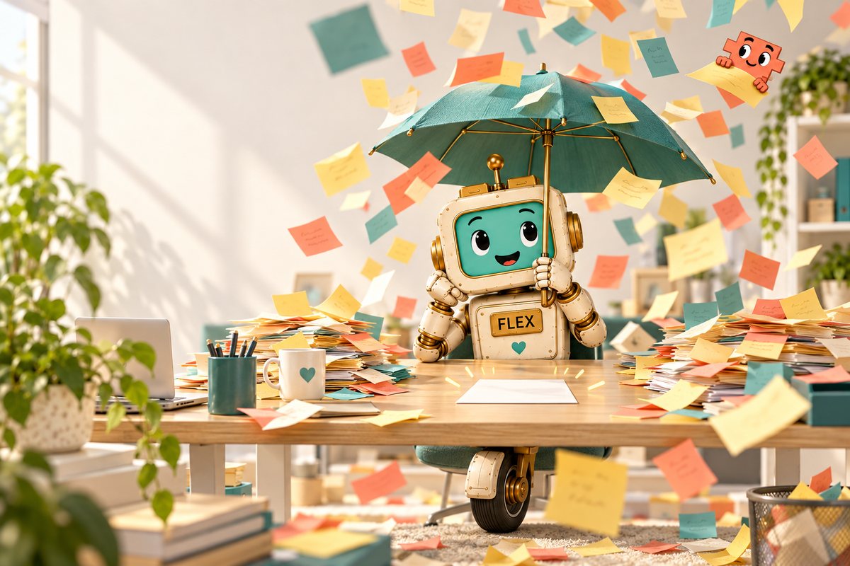 Flex the robot at his desk under a teal umbrella while sticky notes rain down, one finished page in the dry spot in front of him, and little Clawd riding a sticky note down like a parachute