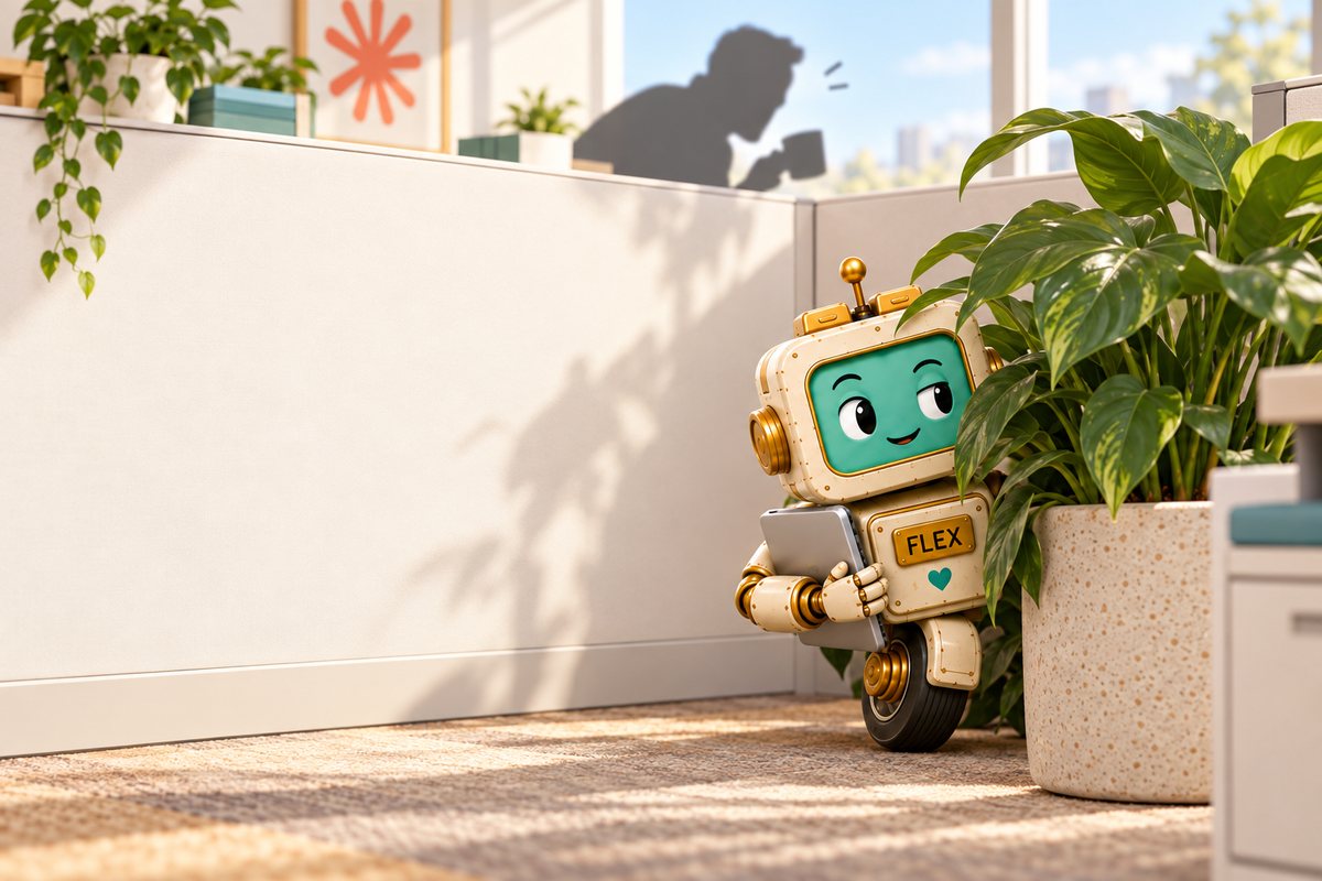 Flex the robot peeking out from behind a big potted plant with his tablet, while a boss's shadow holding a coffee mug looms over the cubicle wall
