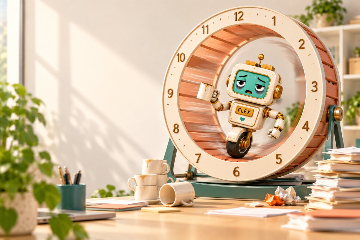 Flex the robot rolling inside a clock-face hamster wheel, holding a coffee mug, with empty coffee cups on the desk